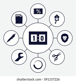 template icons set. Set of 9 template filled icons such as lion, barber scissors, pen, memory card, wrench, sport score, pendulum, ticket on sale
