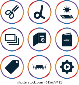 Template icons set. set of 9 template filled icons such as tag, play in gear, scissors, burst, menu, restaurant table, carpet in the sun, alpha