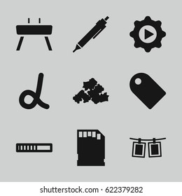 Template icons set. set of 9 template filled icons such as mud, pen, play in gear, memory card, photos on rope, gymnastic apparatus, tag, alpha