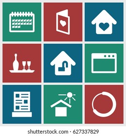 Template icons set. set of 9 template filled icons such as calendar, house under sun, love card, home lock, love home, wine bottle and glass, menu, browser window