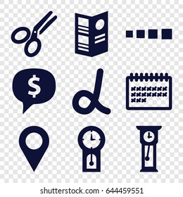 Template icons set. set of 9 template filled icons such as calendar, scissors, menu, pendulum, alpha, location, dollar sign in cloud