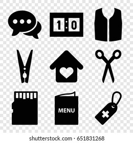 Template icons set. set of 9 template filled icons such as barber scissors, sleeveless shirt, medical cross tag, chat, cloth pin, love home, menu, sport score