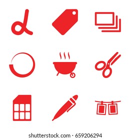 Template icons set. set of 9 template filled icons such as tag, pen, scissors, photos on rope, burst, barbeque, memory card, alpha