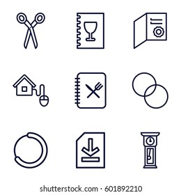 template icons set. Set of 9 template outline icons such as barber scissors, circle intersection, file, menu, smart home, pendulum, diploma