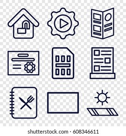 Template icons set. set of 9 template outline icons such as play in gear, burst, home lock, menu, sim card, carpet in the sun