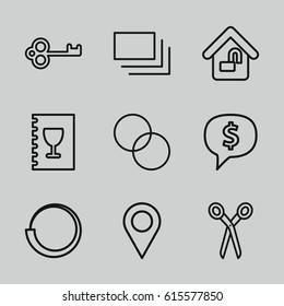 Template icons set. set of 9 template outline icons such as barber scissors, circle intersection, burst, home lock, menu, key, location, dollar sign in cloud