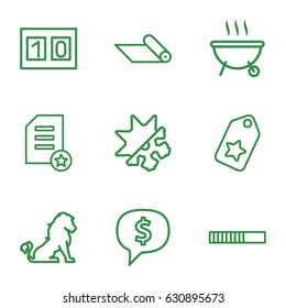 Template icons set. set of 9 template outline icons such as lion, cold and hote mode, carpet, barbeque, sport score, tag, diploma, dollar sign in cloud