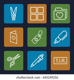 Template icons set. set of 9 template outline icons such as barber scissors, pen, medical cross tag, tir, folder with heart, love card, cloth pin