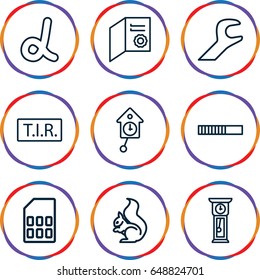 Template icons set. set of 9 template outline icons such as squirrel, tir, wrench, memory card, pendulum, alpha, diploma