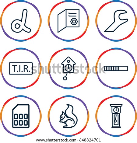 Template icons set. set of 9 template outline icons such as squirrel, tir, wrench, memory card, pendulum, alpha, diploma