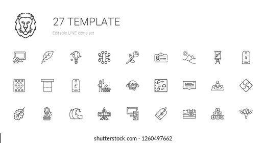 template icons set. Collection of template with card, price tag, pc, airplane, wave, lion, oak leaf, speech bubble, menu, audiobook, bbq. Editable and scalable template icons.