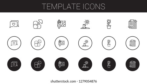 template icons set. Collection of template with chat, puzzle, wrapping, drought, flower, files. Editable and scalable template icons.