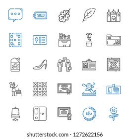 template icons set. Collection of template with flower, percentage, certificate, folder, notification bell, id card, placeholder, tic tac toe. Editable and scalable template icons.