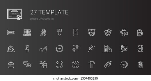 template icons set. Collection of template with marker, column, info, tennis, brick grill, chat, chinese ink, cubes, leaf, plane, percentage. Editable and scalable template icons.