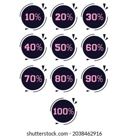 
Juego de iconos de plantilla, descuento 10, 20%, 30, 40, 50, 60,70, 80, 90% de descuento en símbolos de etiqueta. Venta de pancartas