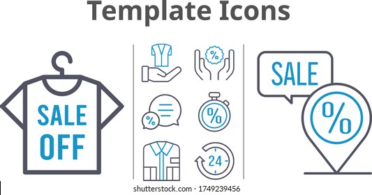 template icons set. included 24-hours, shirt, chat, jacket, discount, placeholder, stopwatch icons. bicolor styles.