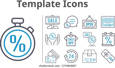 template icons set. included calendar, 24-hours, sale, package, shirt, chat, discount, placeholder, credit card, barcode, stopwatch, open icons. bicolor styles.