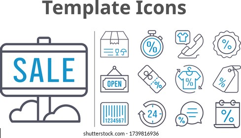 template icons set. included calendar, 24-hours, sale, package, shirt, chat, price tag, phone call, discount, barcode, stopwatch, open icons. bicolor styles.