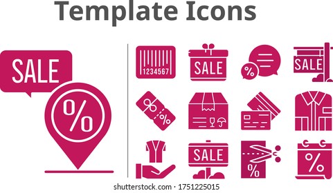 template icons set. included calendar, gift, sale, package, shirt, voucher, chat, discount, jacket, placeholder, credit card, barcode icons. filled styles.
