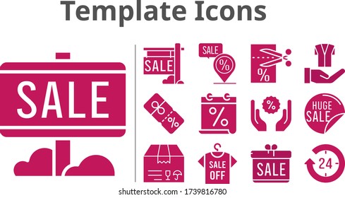 template icons set. included gift, calendar, 24-hours, sale, shirt, package, voucher, jacket, discount, placeholder icons. filled styles.