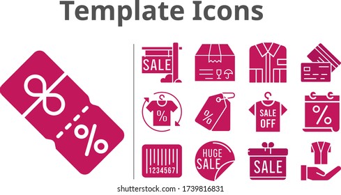 template icons set. included gift, calendar, sale, package, shirt, price tag, jacket, discount, credit card, barcode icons. filled styles.