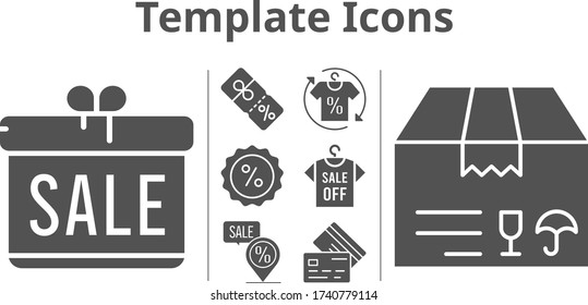 template icons set. included gift, shirt, package, discount, placeholder, credit card icons. filled styles.