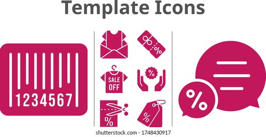 template icons set. included newsletter, shirt, voucher, chat, price tag, discount, barcode icons. filled styles.