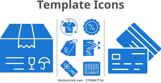 template icons set. included package, shirt, voucher, price tag, discount, credit card, barcode icons. filled styles.