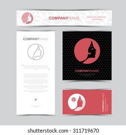 Template of identity for Beauty Salon. 
Business card, banner and brochure template. 
Set of woman fashion icons and logos. Contour lines. Flat design.
Seamless lips and hearts pattern,  background.
