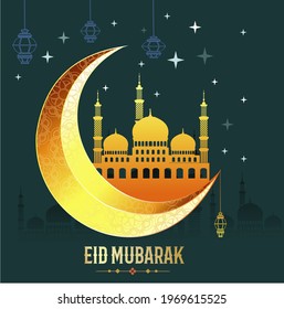 Template Idul Fitri Eid Mubarak dengan bulan dan siluet masjid, lentera  dan latar belakang berwarna toska, Liburan Muslim Besar, Selamat Ied