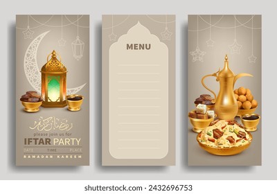 Template for Iftar Party invitation. Ramadan Kareem cards with traditional coffee pot (dallah), ancient lantern (fanoos), Arabic dishes and dried dates. Text translation: Generous Ramadan. Vector set.