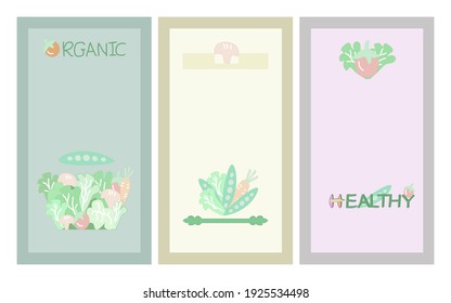 Template illustration containing organic vegetable logo in pastel tones for cover, web design, advertisement, logo, background, pattern, branding, and more