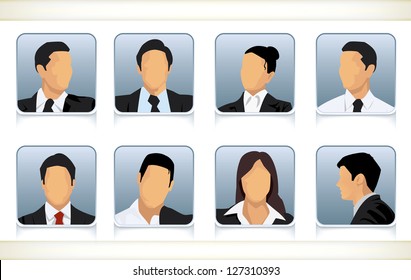 Template illustration of eight faceless or featureless head and shoulder portraits for male and female businesspeople in business attire