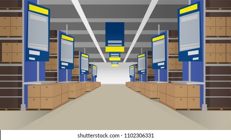 Template illustration of hypermarket inside with empty spaces and shelves for goods. Can be used as backdrop layout in print or web design 
