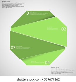 Template illustration infographic with motif of octagon which is randomly divided to four green parts. Each part has own number, space for text. Background is light.