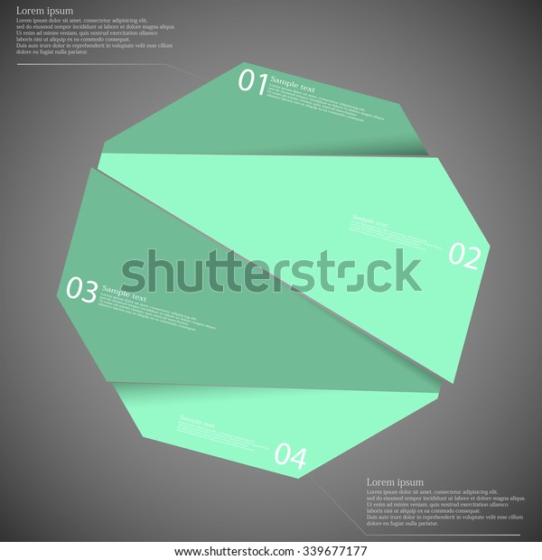 Template illustration\
infographic with motif of octagon which is randomly divided to four\
blue green parts. Each part has own number, space for text.\
Background is dark.