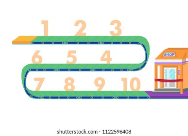 Template illustration for instruction or infographic  "How to Open Shop". Illustration includes mechanical belt shown as road map with start and finish, numbers and shop building