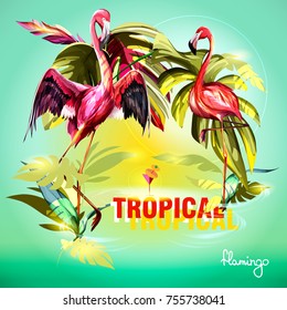 Template illustration of tropical theme with leaves and two flamingos on heat. Hand drawn, vector - stock.