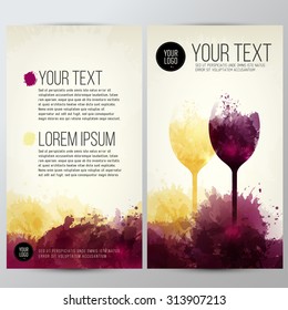 Template with illustration of wine glasses. Colors and expressive design with wine stains. vector