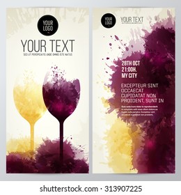 Template with illustration of wine glasses. Colors and expressive design with wine stains. vector