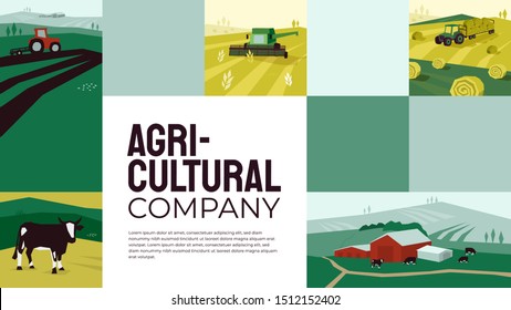 Template with illustrations of agriculture, farming, livestock, hayfield, cow, pasture, tractor plows on field, landscape, countryside, industry. Design for banners, annual report, prints, flyer, web.