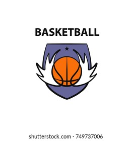 Template image ball for basketball game. Concept image of logo, logotype, banner for basketball team, college club, children school, adult championship, sport news. Sketch vector illustration. 