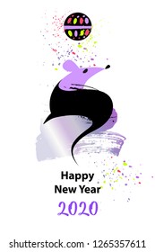 Template image for Happy new year party with violet rat, mice on white background. Lunar horoscope sign mouse. Chinese Happy new year 2020. Funny sketch mouse with long tail. Vector illustration.  