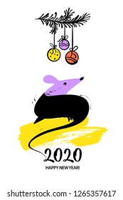 Template image for Happy new year party with violet rat, mice on white background. Lunar horoscope sign mouse. Chinese Happy new year 2020. Funny sketch mouse with long tail. Vector illustration.  