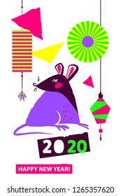 Template image for Happy new year party with violet rat, mice on white background. Lunar horoscope sign mouse. Chinese Happy new year 2020. Funny sketch mouse with long tail. Vector illustration.  