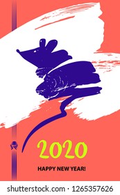 Template image for Happy new year party with violet rat, mice on color background. Lunar horoscope sign mouse. Chinese Happy new year 2020. Funny sketch mouse with long tail. Vector illustration.  