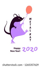Template image for Happy new year party with violet rat, mice on white background. Lunar horoscope sign mouse. Chinese Happy new year 2020. Funny sketch mouse with long tail. Vector illustration.  