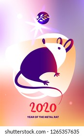 Template image for Happy new year party with violet rat, mice on color background. Lunar horoscope sign mouse. Chinese Happy new year 2020. Funny sketch mouse with long tail. Vector illustration.