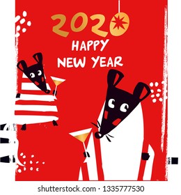 Template Image For Happy New Year Party With Rat, Mice On Red Background. Lunar Horoscope Sign Mouse. Chinese Happy New Year 2020. Funny Sketch Mouse With Long Tail. Vector Illustration.  