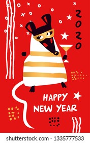 Template image for Happy new year party with rat, mice on red background. Lunar horoscope sign mouse. Chinese Happy new year 2020. Funny sketch mouse with long tail. Vector illustration.  